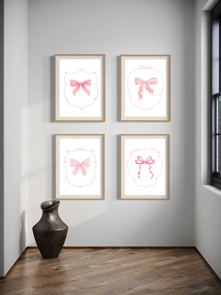 Pink Bow Set Of 4 Watercolor Digital Download, Nursery Decor, Girls Room Print, Baby Bow Art, Watercolor Bow Art, Girls Birthday Gift