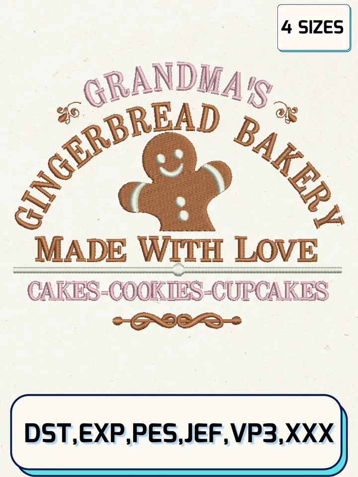 Grandma’s Gingerbread Bakery Embroidery Designs,Christmas Embroidery Designs,Machine Embroidery Files,4 Sizes