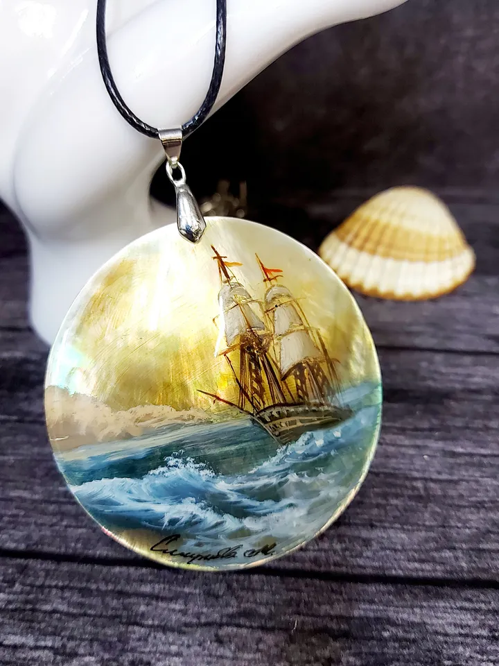 Pearl pendant necklace: Sailboat on the waves painted on shell jewelry • Free sail in sea • Dainty hand made jewellery with ship in ocean