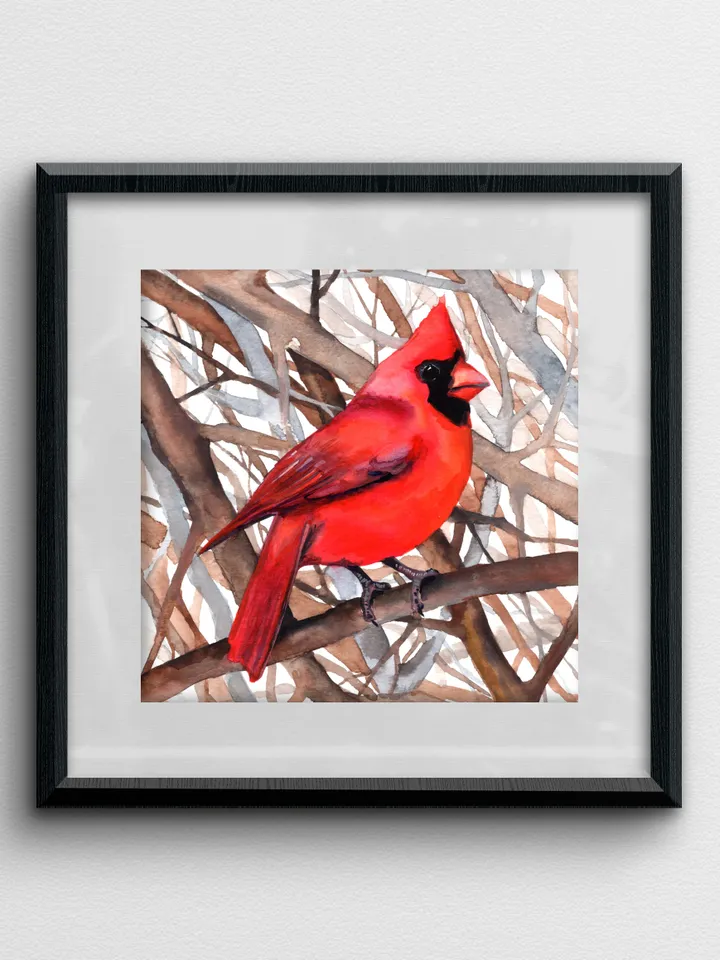 Red cardinal original watercolor, birds painting, handmade wall decor, 5.7x5.7 in art for bird lovers by Anne Gorywine