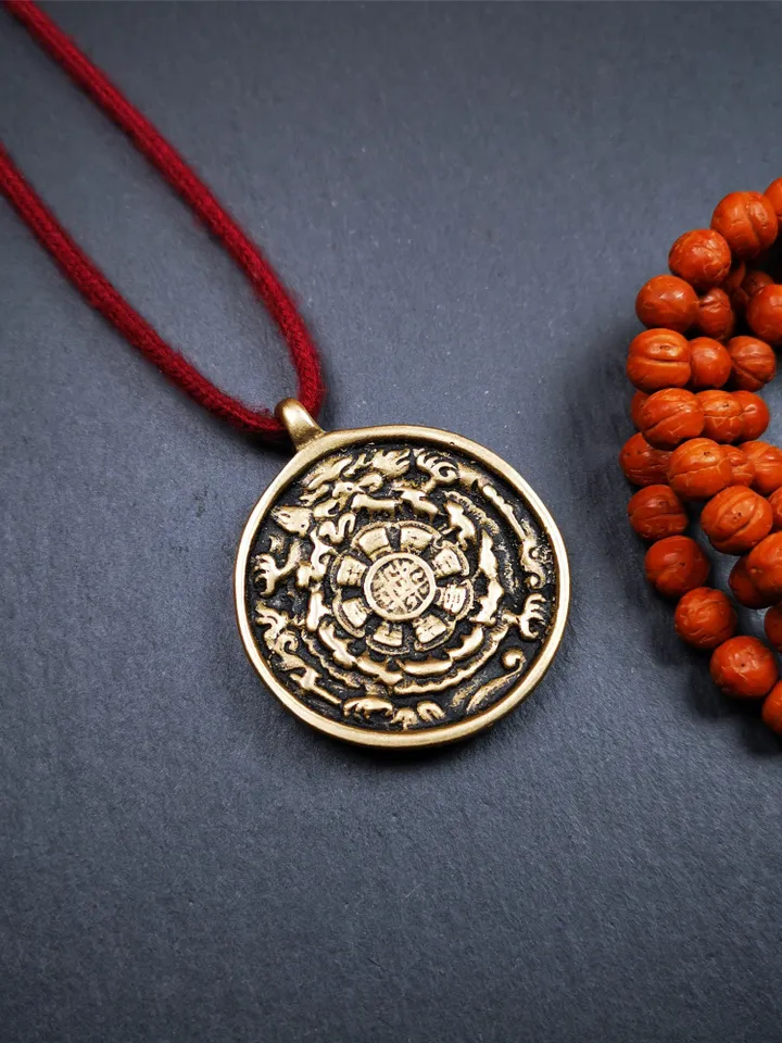 Gandhanra Vintage Tibetan Buddhist Calendar Badge,Melong Mirror, SIPAHO Amulet(srid pa ho),Jiugong Bagua,made of Copper,1.77"