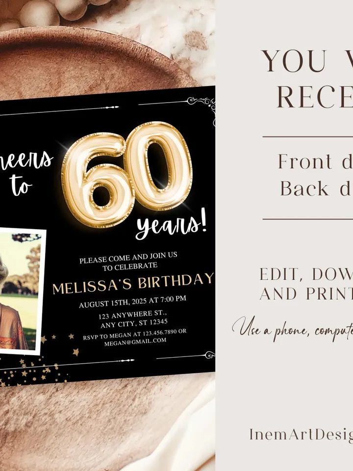 60th Birthday Invitation with Photo Adult Women Men Cheers to 60th Birthday Invite Black and Gold Party Card for Grandma Canva Template