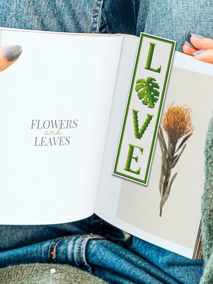 Green bookmark cross stitch pattern PDF download Monstera leaf cross stitch chart, Floral bookmark pattern digital PDF, The word Love #B355