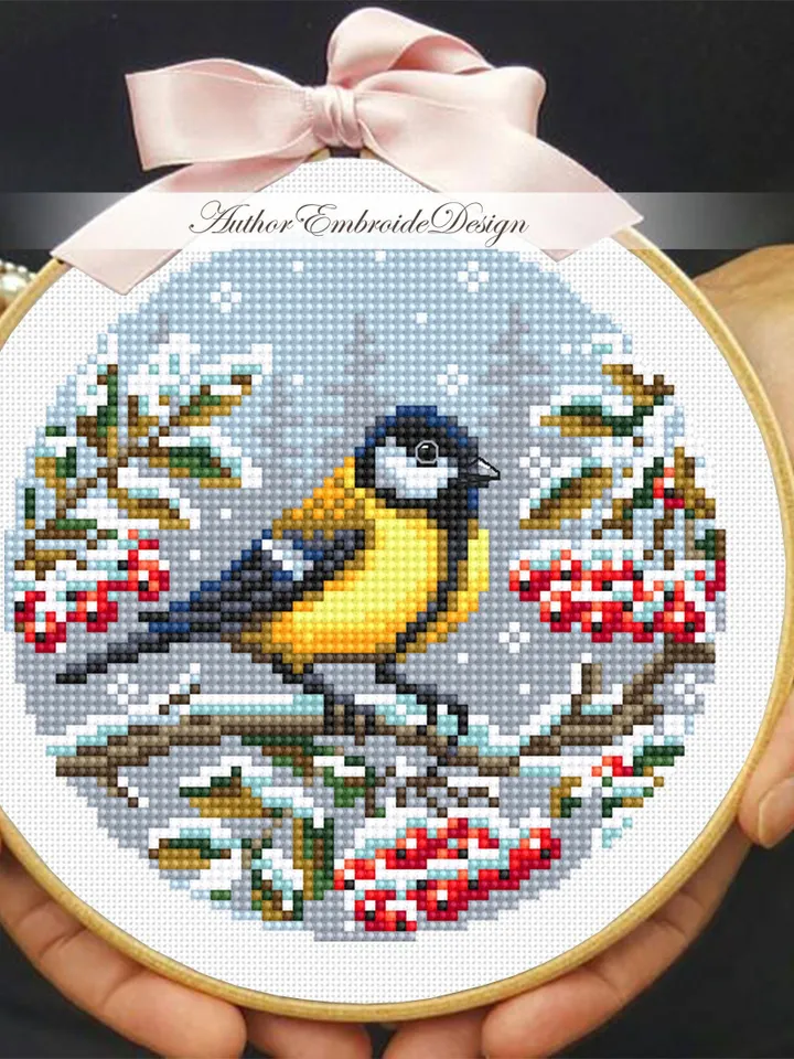 Winter bird cross stitch pattern PDF download Titmouse cross stitch chart, Christmas pattern digital PDF, Snow nature cross stitch #N166