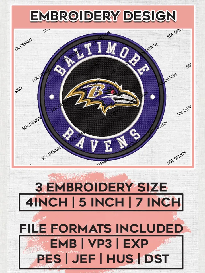 NFL Baltimore Ravens Circle Logo Embroidery Design Files, NFL Ravens, NFL Embroidery Designs, NFL Baltimore Ravens Machine Embroidery Design, Digital Download