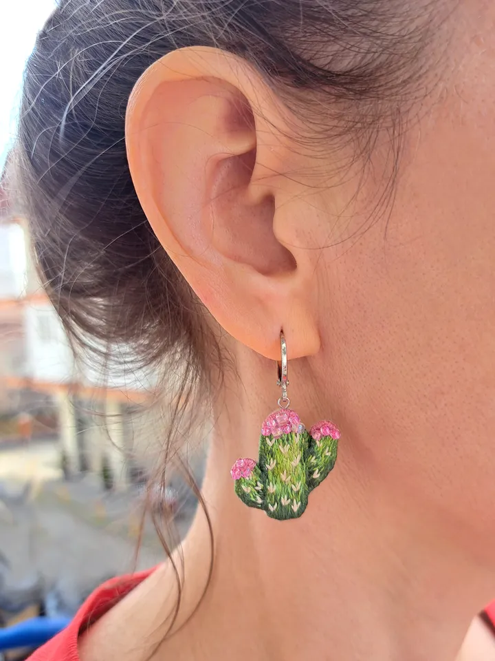 Embroidered Cactus Earrings, Handmade Unique Jewelry, Whimsical Handcrafted Gift, Quirky Jewelry Accessory, Original Gift for Her, Boho Design
