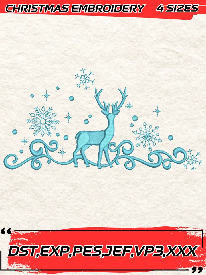 Christmas Deer Embroidery Design,Christmas Embroidery Design,4 Sizes, Digital Download