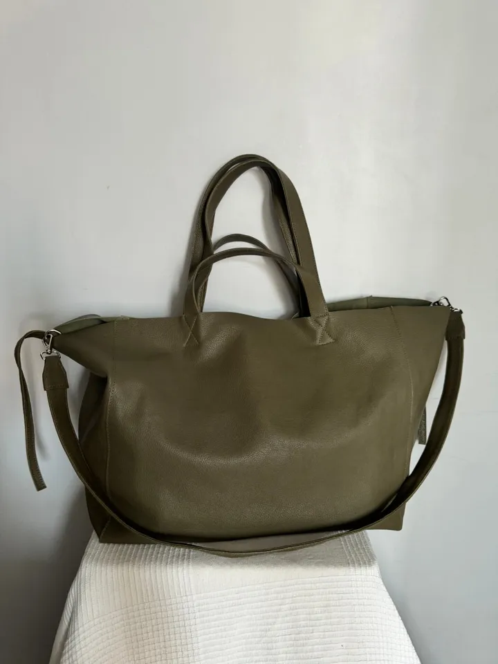 Genuine leather khaki green oversize tote shopper triple handle big bag / everyday purse / handmade bags / designer bags / summer bag /