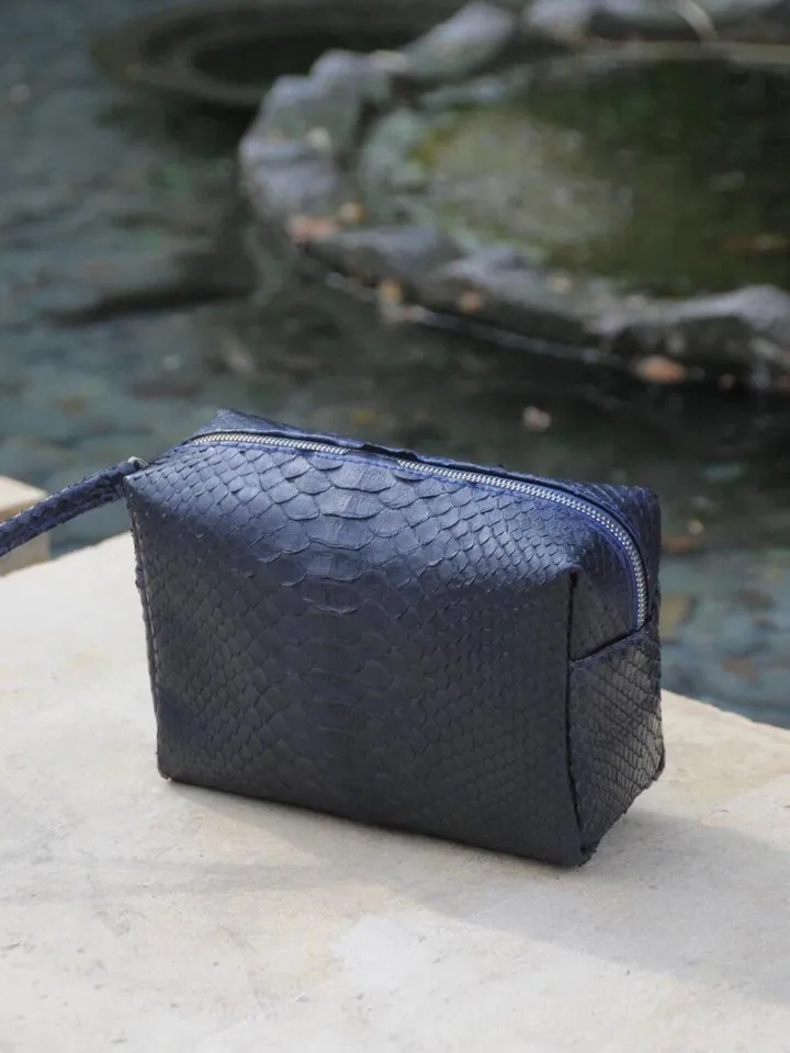 Genuine python skin blue cosmetic bag | travel kit bag | small leather purse | gift idea | small cosmetic unisex bag snakeskin handmade
