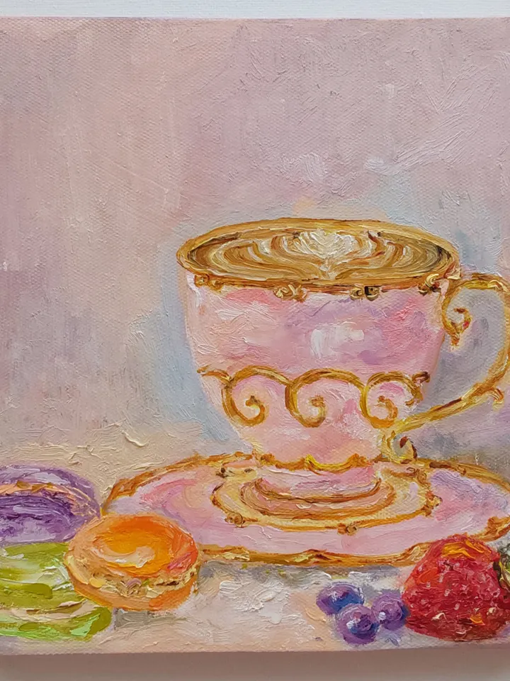 Oil painting "Still life. Cup of coffee with macarons" 20x20cm (8х8inc).
