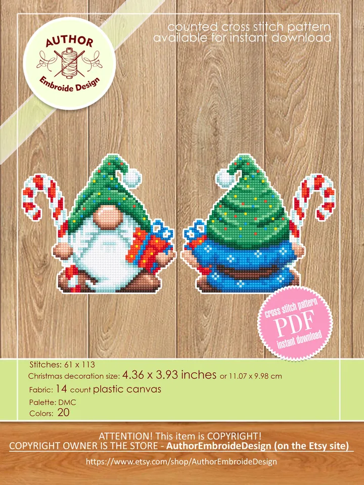 Gnome Christmas tree decor for plastic canvas cross stitch pattern PDF download Double-sided Christmas gnome on plastic canvas pattern #N98
