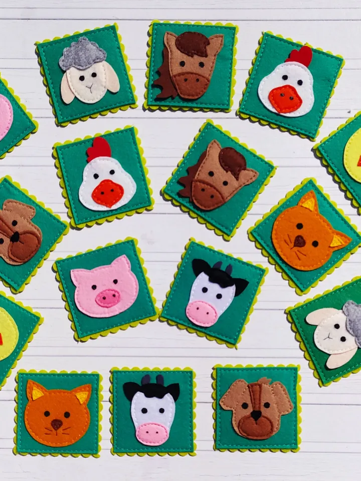 Felt memory game PDF Pattern, Farm animals Matching Cards, Educational toys for kids, Felt toy pattern, Travel Toys for toddlers