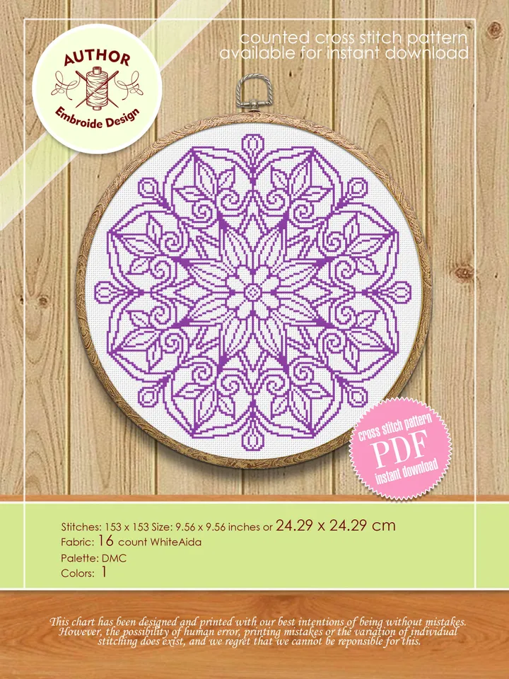Mandala cross stitch pattern download PDF Easy mandala ornament embroidery PDF Monochrome cross stitch Floral ornament cross stitch #M139