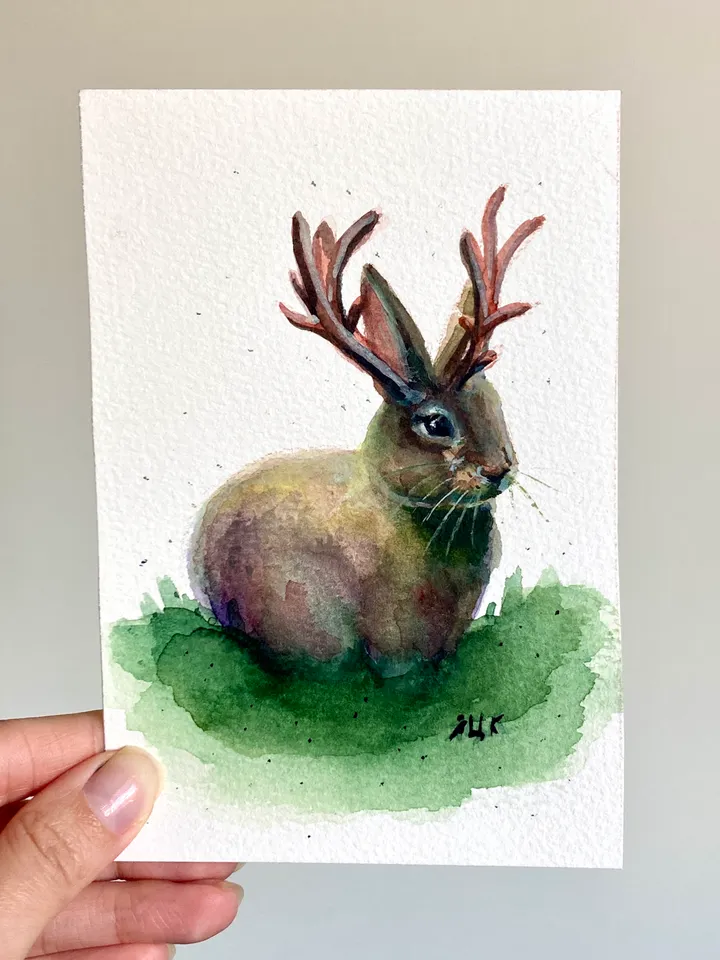 Jackalope Painting Original Watercolor Painting Gift Small Whimsical Rabbit Art Cryptid Illustration 4x6