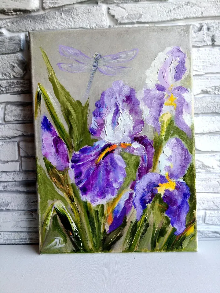 Irises Dragonfly Painting Original Art Impasto Oil Painting Canvas Painting