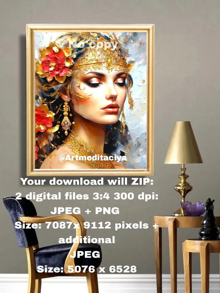 Digital abstract textural modern painting "Slavic brunette in ethnic jewelry made of gold" on an abstract white background, hair decorated with abstract peonies in the style of pasty oil painting with a palette knife