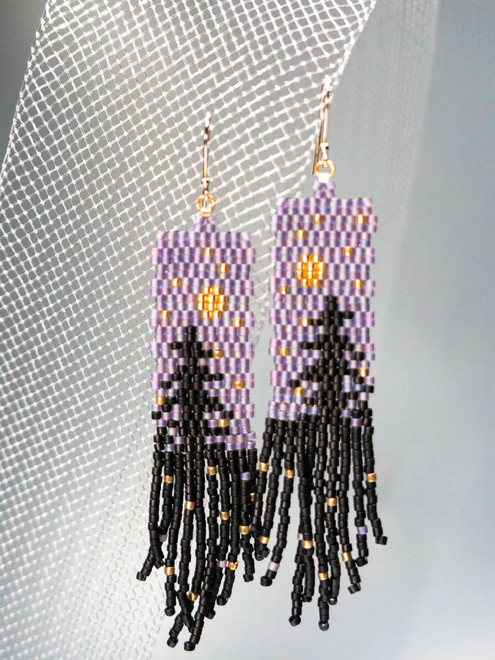 Trees-Patterned grey sky at night Japanese Bead and sterling Silver Earrings A Fusion of Elegance and Nature