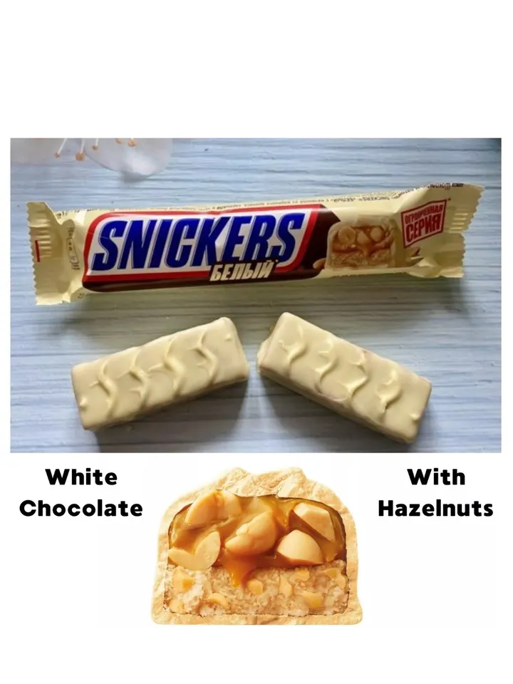 SNICKERS chocolate is a nut covered with white chocolate the order includes 15 pcs