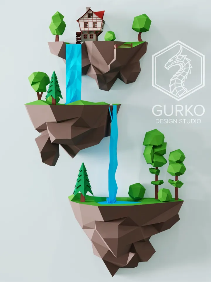 Papercraft Flying Island. Waterfall, Digital Template, PDF Download, Gurko, 3D Low Poly, Pepakura, DIY Origami Sculpture, Paper Decor, Gift