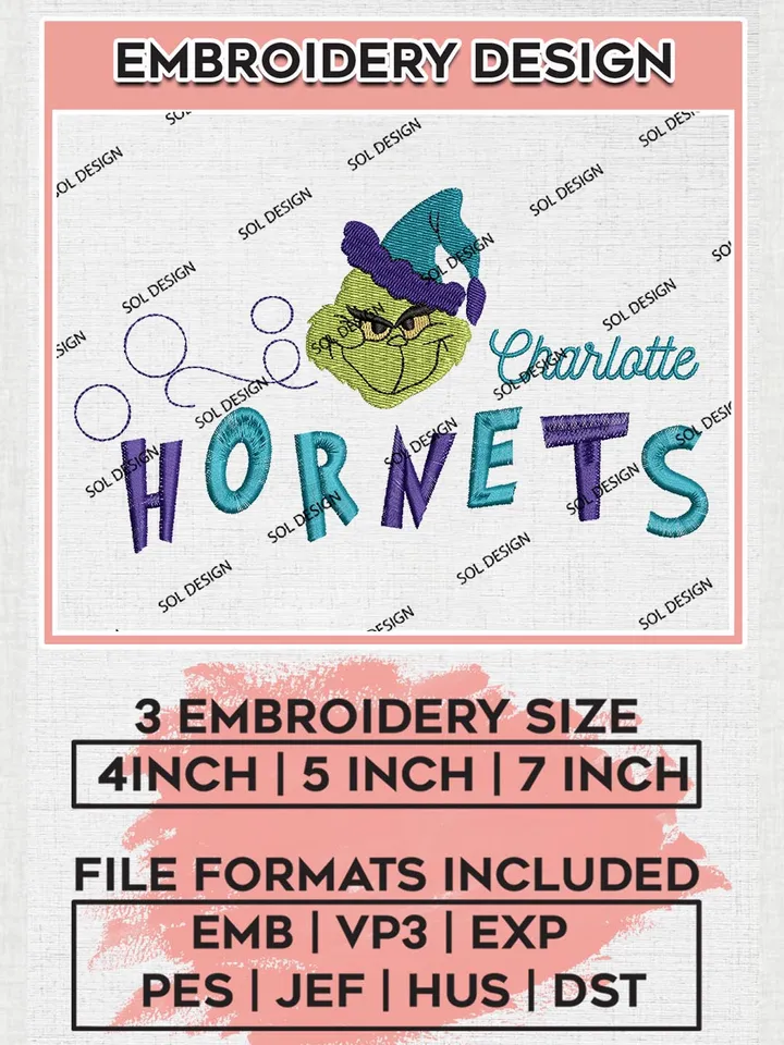 Grinch Charlotte Hornets Embroidery Designs, Grinch Christmas Embroidery Files, NBA Charlotte Hornets Machine Embroidery Designs, NBA Hornets Logo, NBA Christmas Machine Embroidery Design, Digital Download