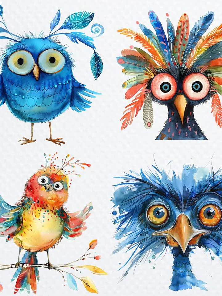20 Whimsical Birds PNG Bundle, Funny Birds sublimation, Watercolor Birds clipart, Printable clipart, Digital download, junk journal