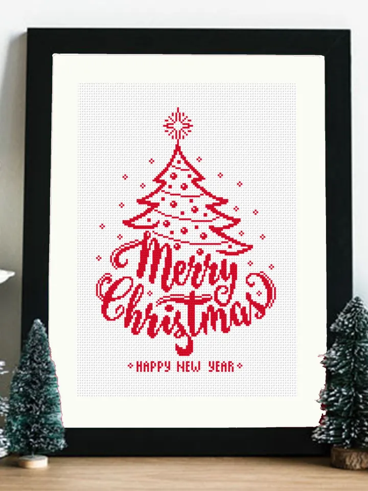 Christmas tree cross stitch pattern download PDF, Merry Christmas pattern digital, Monochrome embroidery beginner, Easy xmas stitch #N74