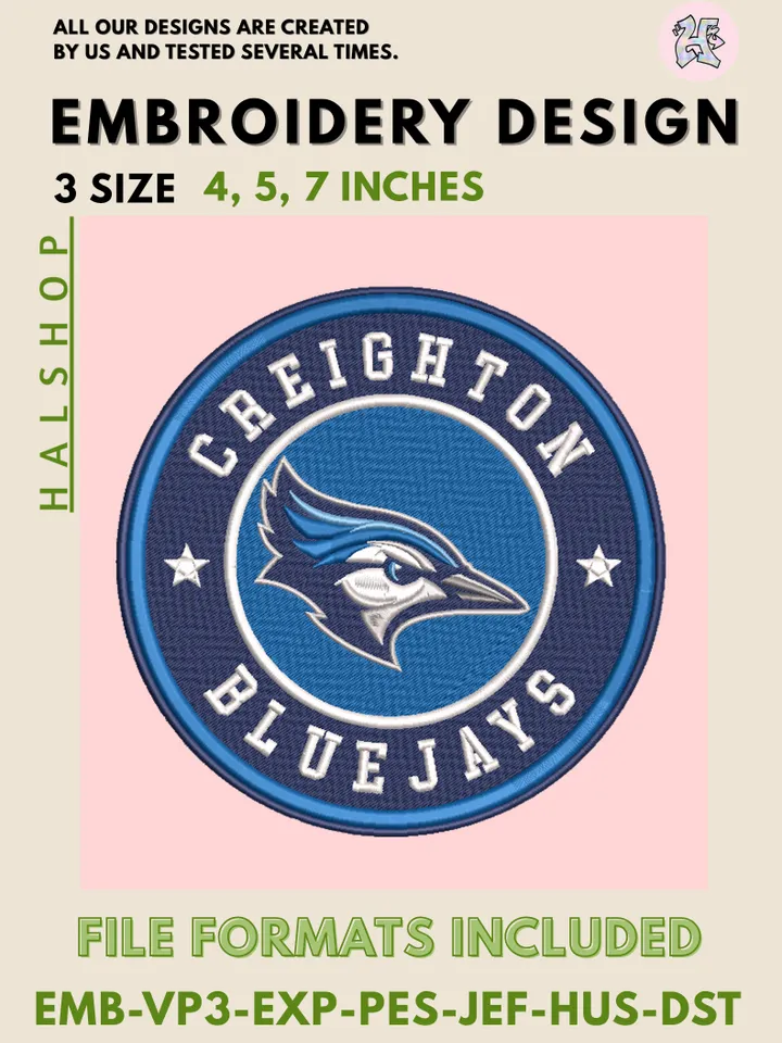 NCAA Creighton Bluejays Round Logo Embroidery, NCAA Creighton Bluejays Logo Embroidery Files, NCAA Teams, Machine Embroidery Designs, Digital Download