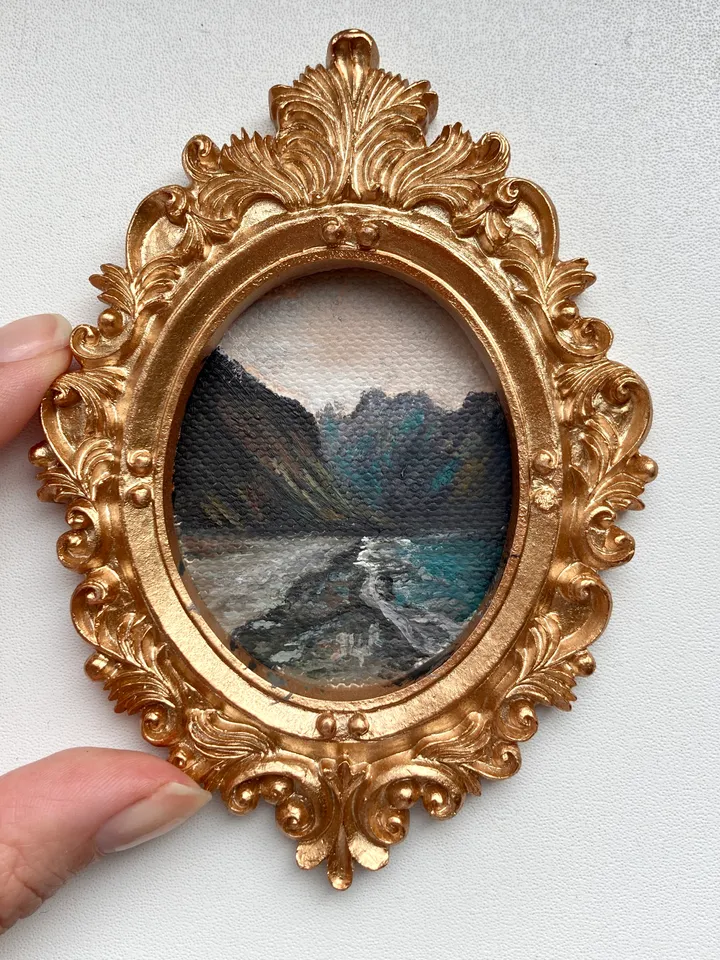 Coastal Landscape Oil Painting Original In Vintage Style Frame Small Framed Oval Painting Art