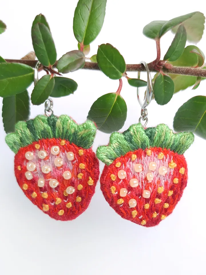 Strawberry Earrings Hand Embroidered, Sweet Strawberry Earrings, Birthday gift, Stylish accessory, Boho design