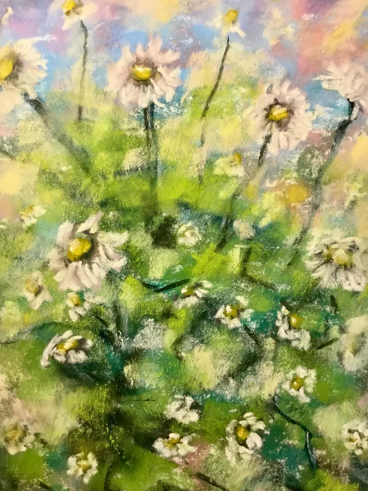 Daisies pastel painting ,original abstract painting,soft pastel on pastelmat, small gift for her,home decoration.