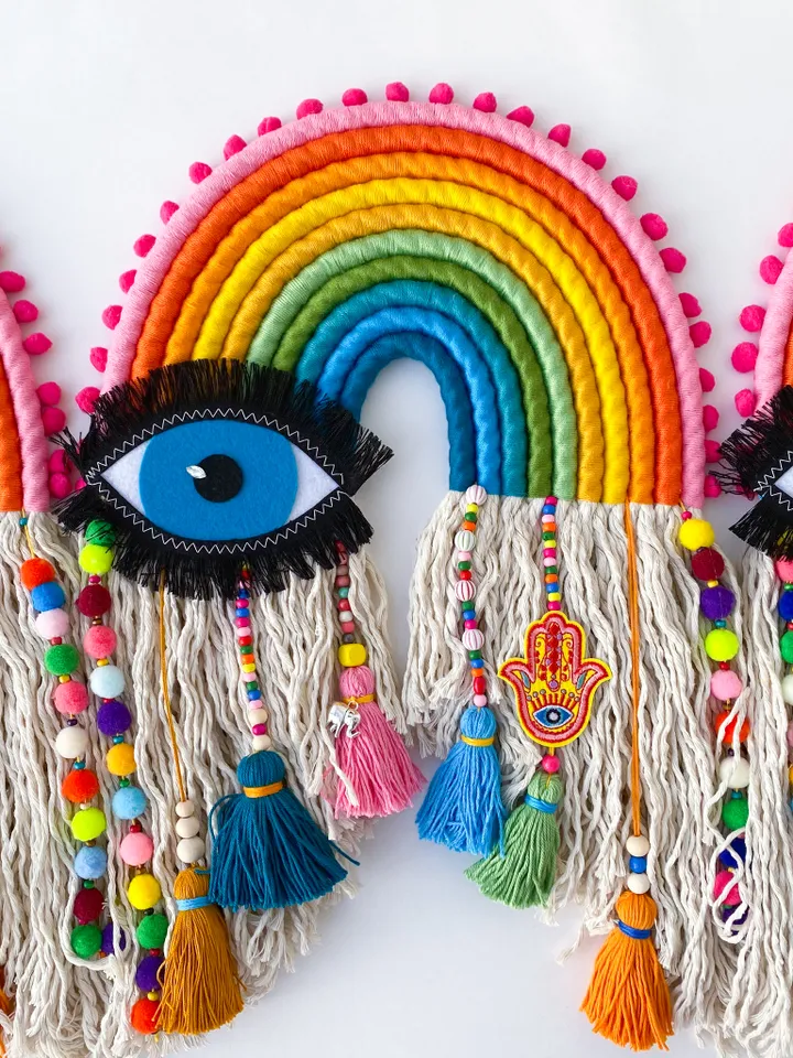 Boho home decor, Large rainbow wall hanging, Evil eye and Hamsa hand home decor, Mother day gift, Hippie stuff