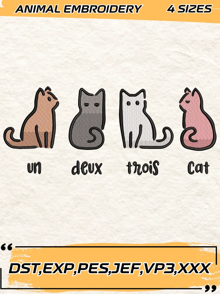 Un Deux Trois Cat Embroidery Design,Animal Embroidery Design,Cat Design,4 Sizes,Digital Download
