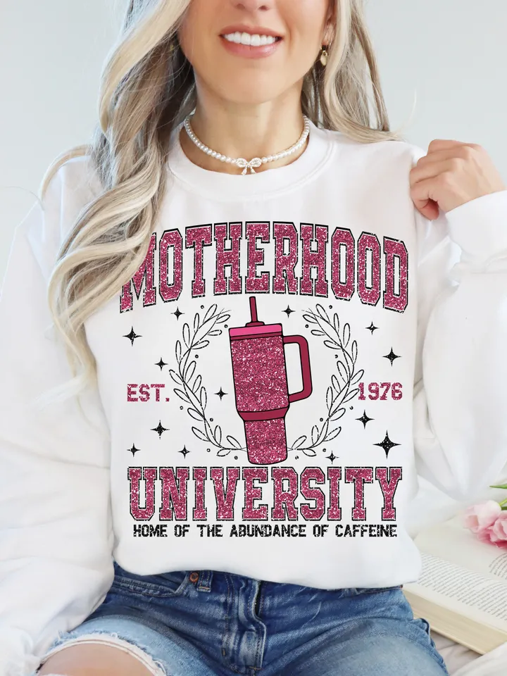 Motherhood University PNG, Faux Glitter Sparkly mama,  funny mama png, Preppy Ice Coffee Mama, Sublimation, funny mama, mom, mothers day