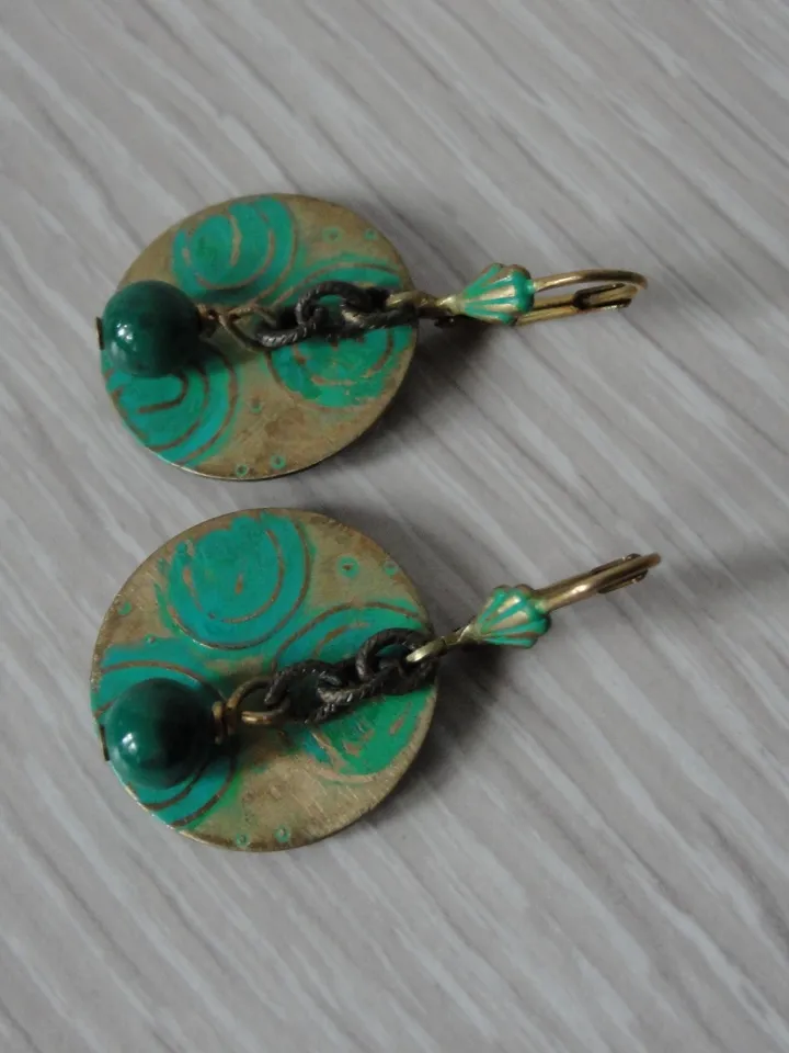Boho Shabby chic Vintaj solid and natural brass Chrysocolla Textured patinated earrings with chain