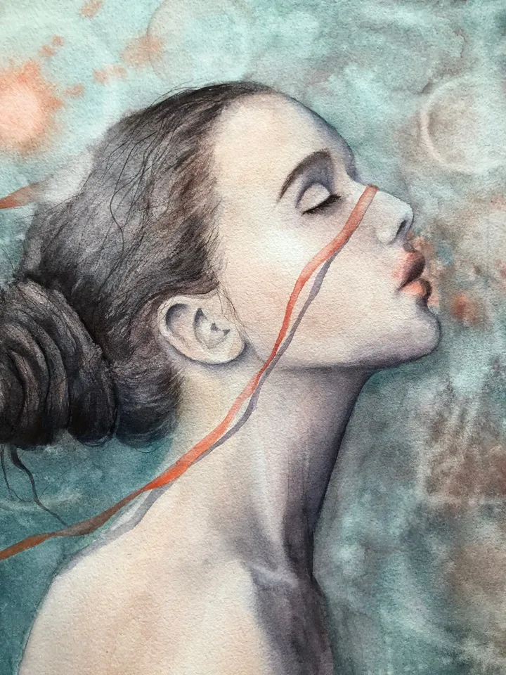 Woman Painting Original Woman with Bird Artwork Girl Watercolor Painting