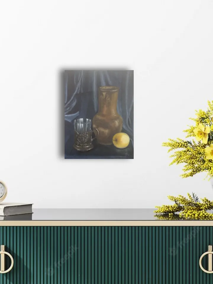 Oil Painting Still Life with Apple and Jug, Glass Goblet on Metal Stand. Vintage Items. Miniature Oil Painting 12x10 Inches