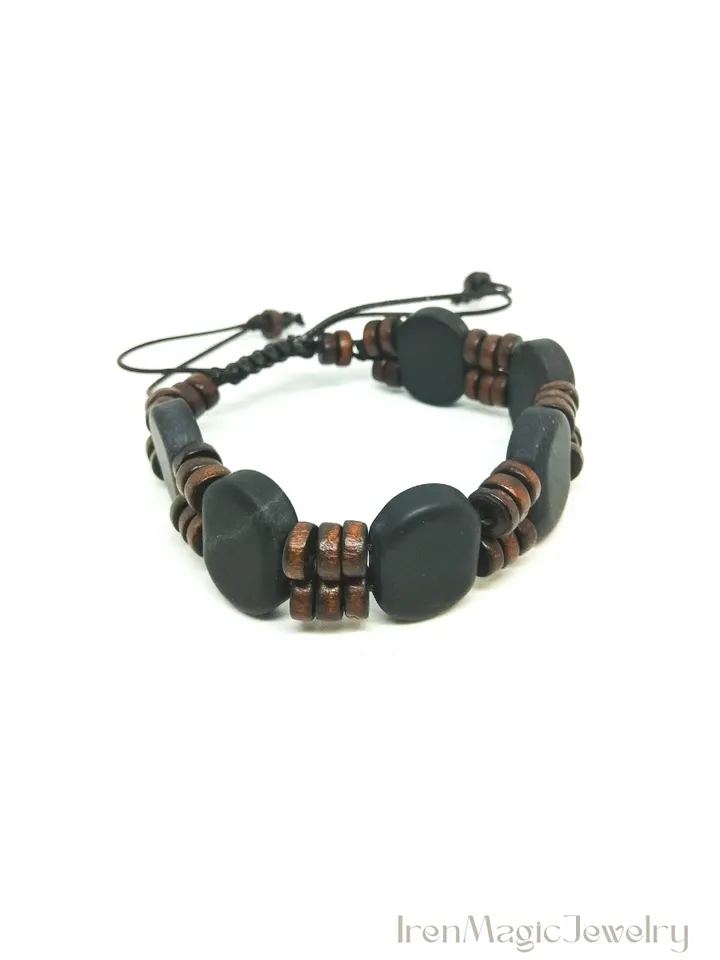 Men's Shungite Bracelet with Wood Beads on Cord