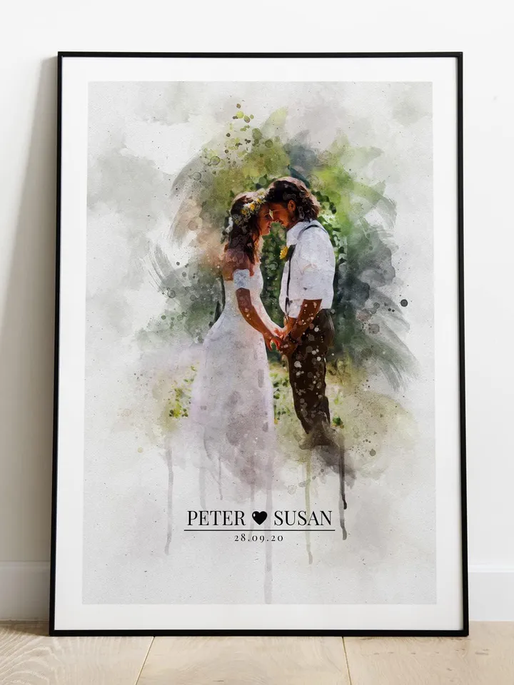 Watercolor Couple Portrait from Photo Custom Wedding Anniversary Gift Wife Husband Parents Engagement Gift for Friend