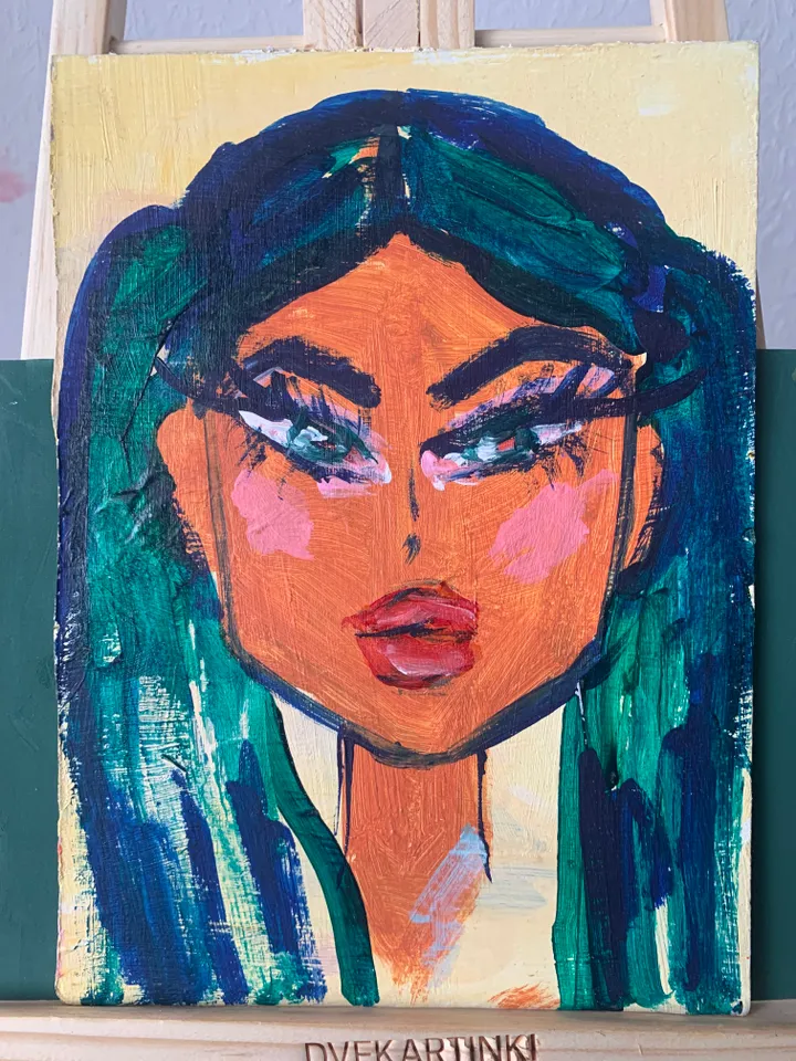 portrait of a girl with green hair bright mini-painting acrylic