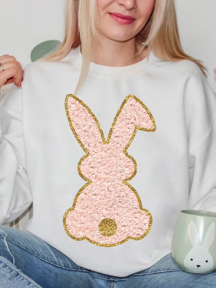 Chenille Bunny PNG White Easter Bunny PNG Faux Chenille PNG Rabbit Easter Vibes Cute Easter Shirt Design