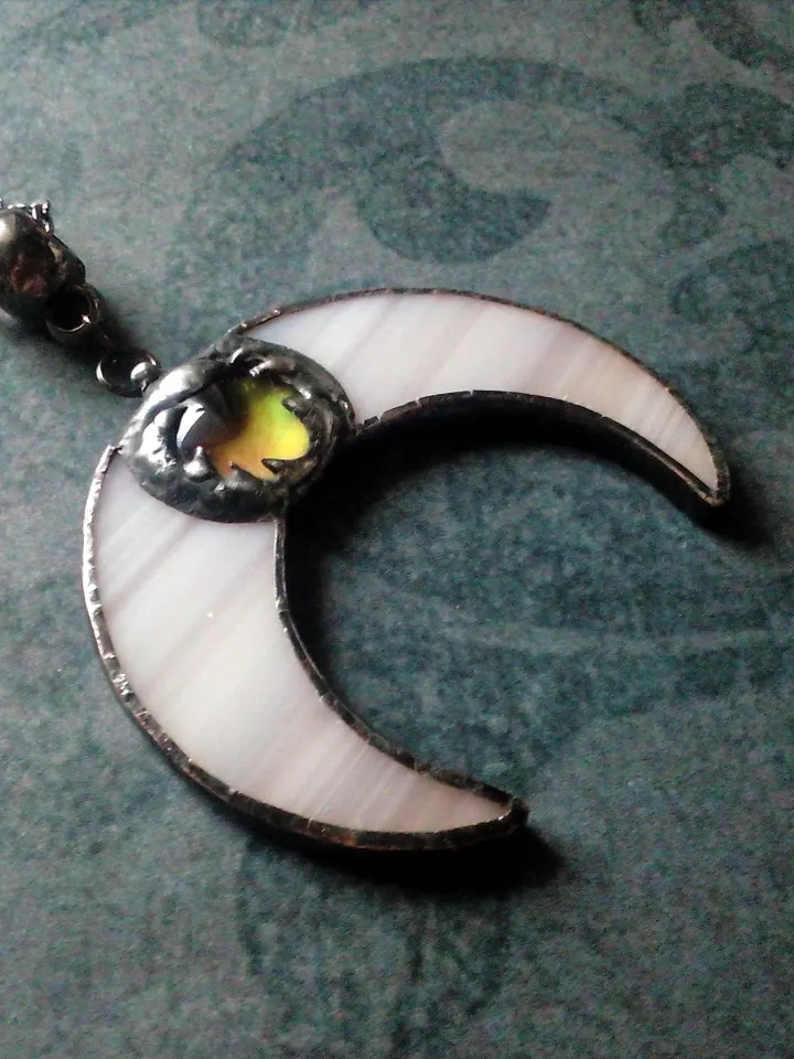 Stained glass moon, Mood stone crescent, Moon phase necklace, Stainglass crescent, Full moon