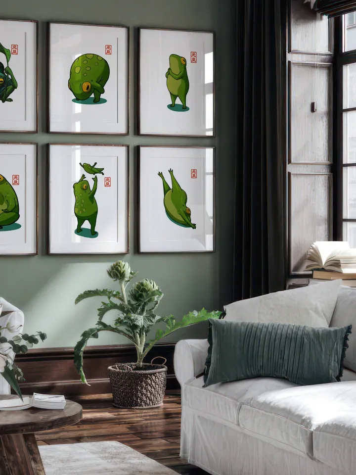 Japanese Matsumoto Hoji Frog Set of 9, Vintage Frog Woodblock Poster, Ukiyo-e Frog Print, Japanese Frog Printable Wall Art, Digital Download