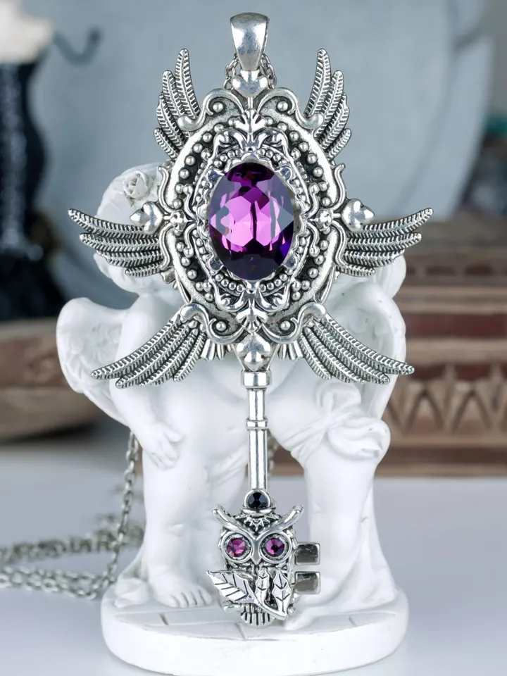 Vintage Purple Key - Necklace "Amulet" with Swarovski Crystals Wings and Owl