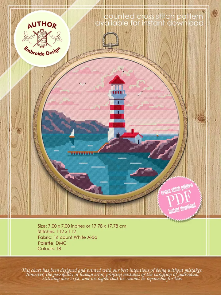 Lighthouse cross stitch pattern digital PDF Nature cross stitch Landscape embroidery beginners Instant download Sunset cross stitch #L21