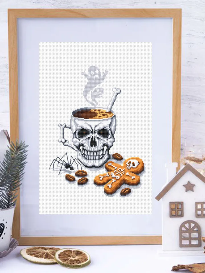Halloween coffee mug cross stitch pattern download PDF, Gothic Halloween cross stitch chart, Horror Christmas cross stitch, Skull cup #H39