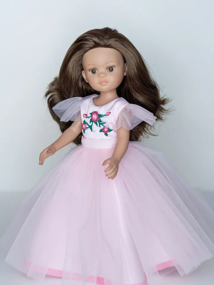 Beautiful pink fluffy dress for Paola Reina doll, Little Darling by Dianna Effner clothes, 13 inch doll clothes