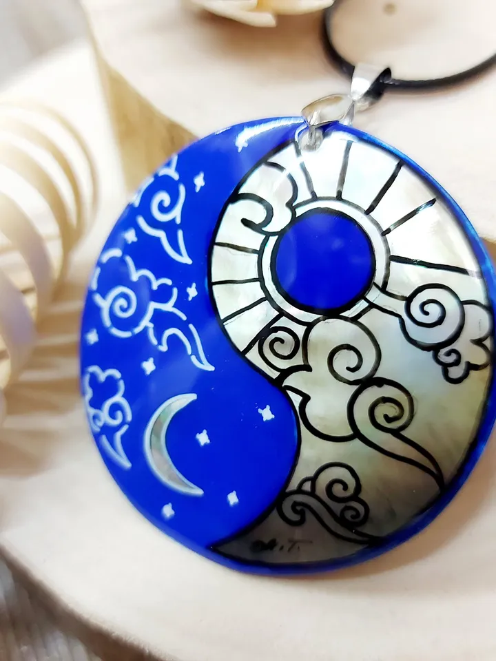 Mother-of-pearl Russian necklace with hand-painted pendant "Yin-Yang. Day-Night" Hand-painted Necklace Pendant
