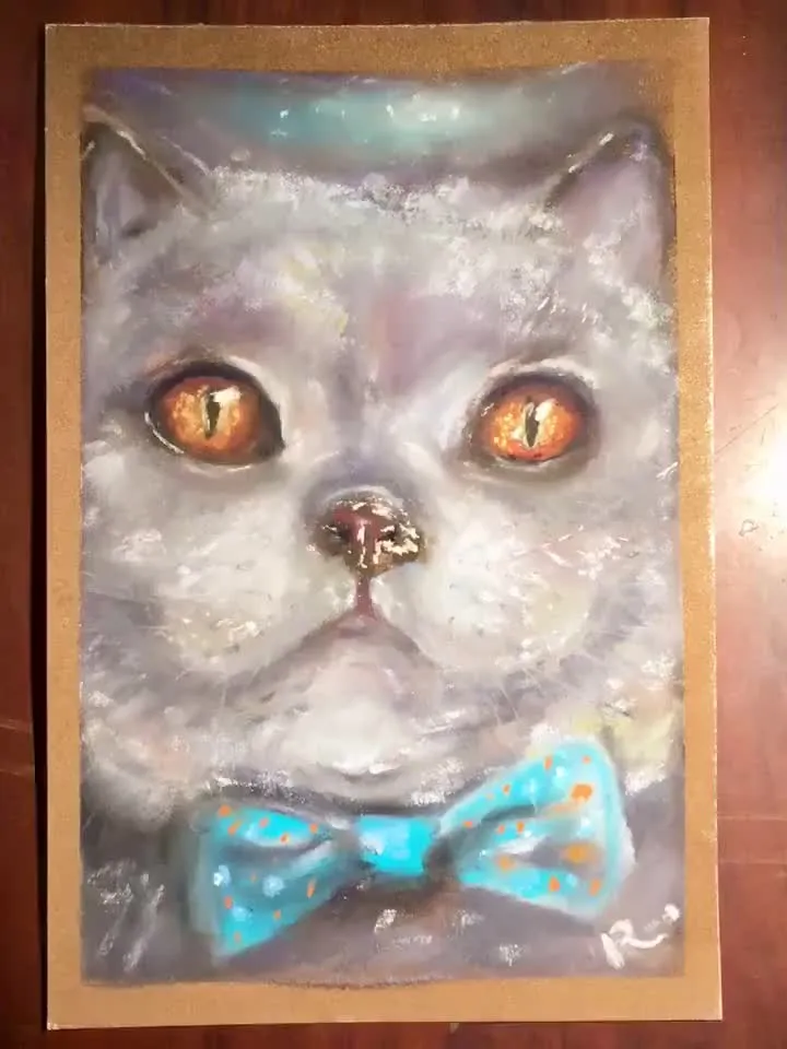 British cat with a bow tie original spft pastel painting on pastel cardboard,funny animals painting,cats painting,cat lovers gift,wall art.
