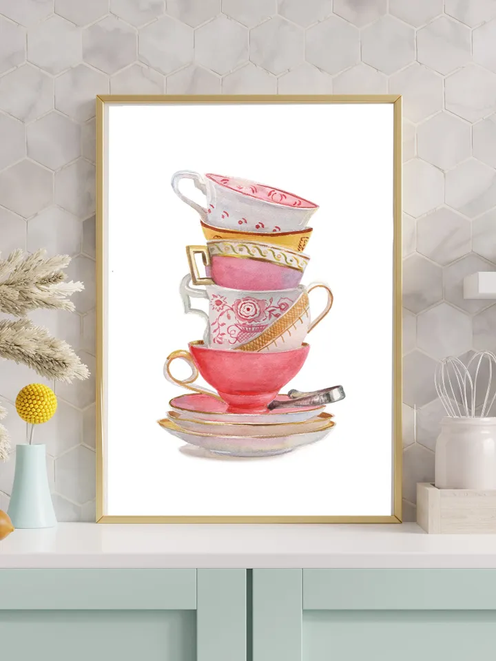 Tea Cup Wall Art Watercolor Painting Print Tea Lovers Gift Kitchen Art Mother Daughter Gift Cups Painting Gift For Tea Lover Wall Art Print