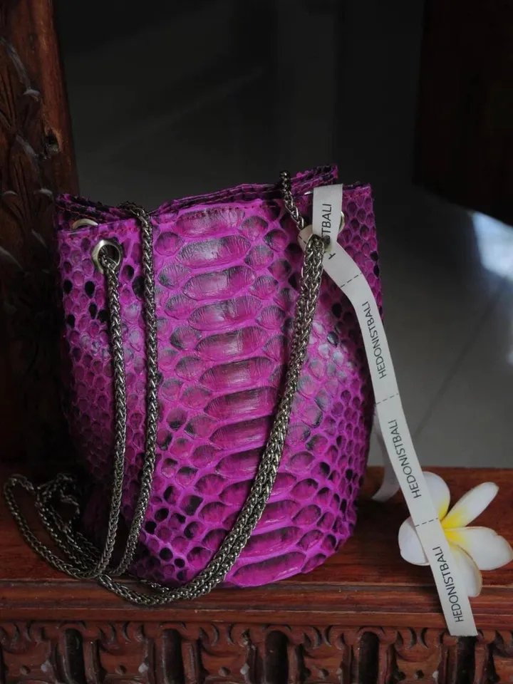 Genuine python skin bucket fuchsia chain bag / designer women purse / summer soft bag / exotic leather bags free shipping / gift for her